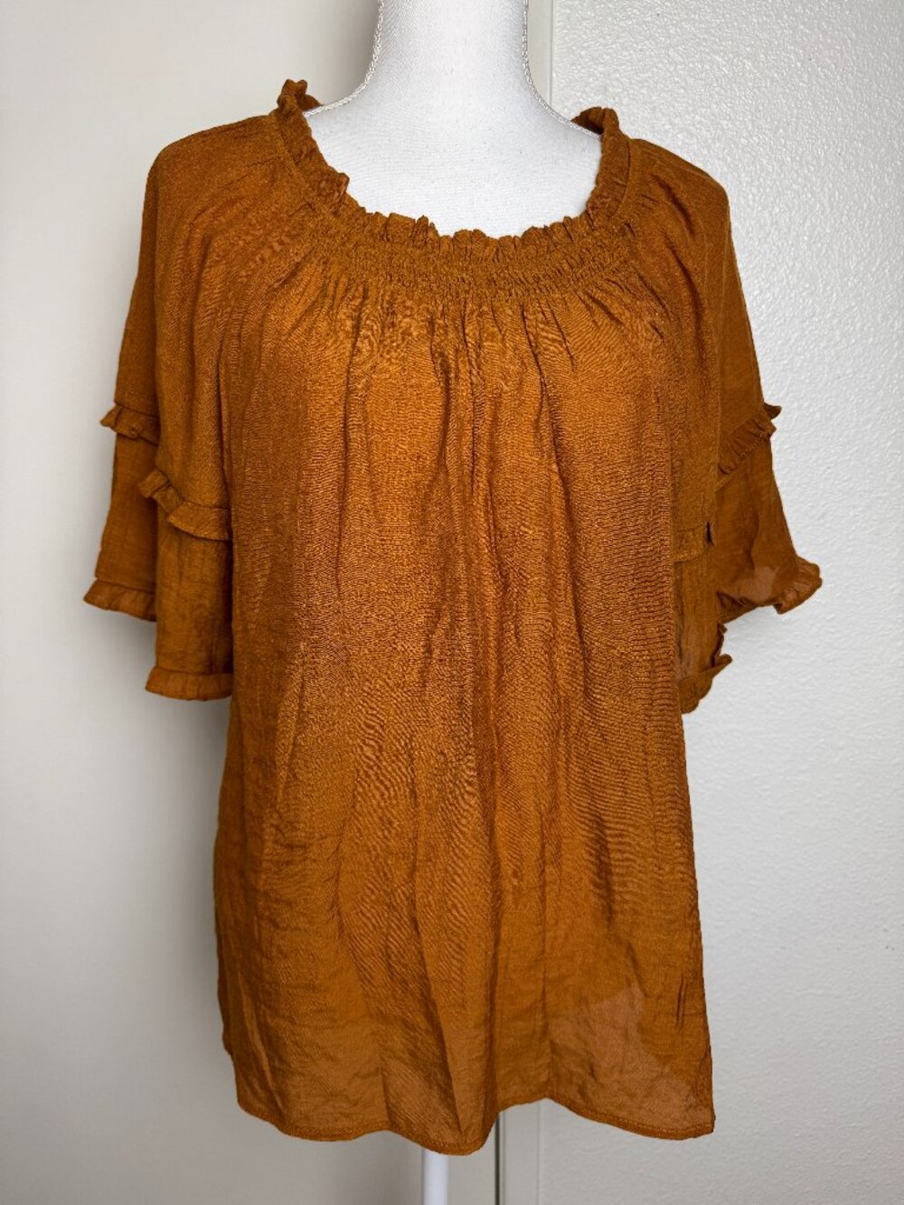 NWT  Glazed Ginger Ruffle Sleeve Smocked Neck Blouse Top Size XL